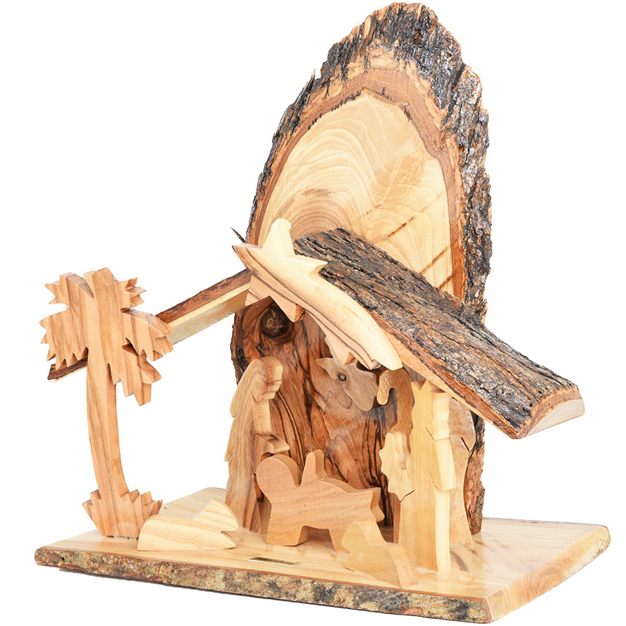 Natural Wooden Christmas Nativity with Bark – Made in Israel – 8″ (angle view)