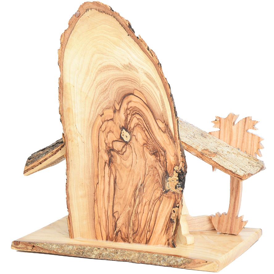 Natural Wooden Christmas Nativity with Bark – Made in Israel – 8″ (rear view)
