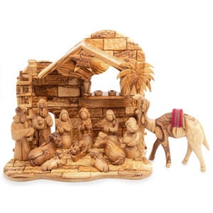 Christmas Musical Nativity Set with faceless figurines from Olive Wood with Camel