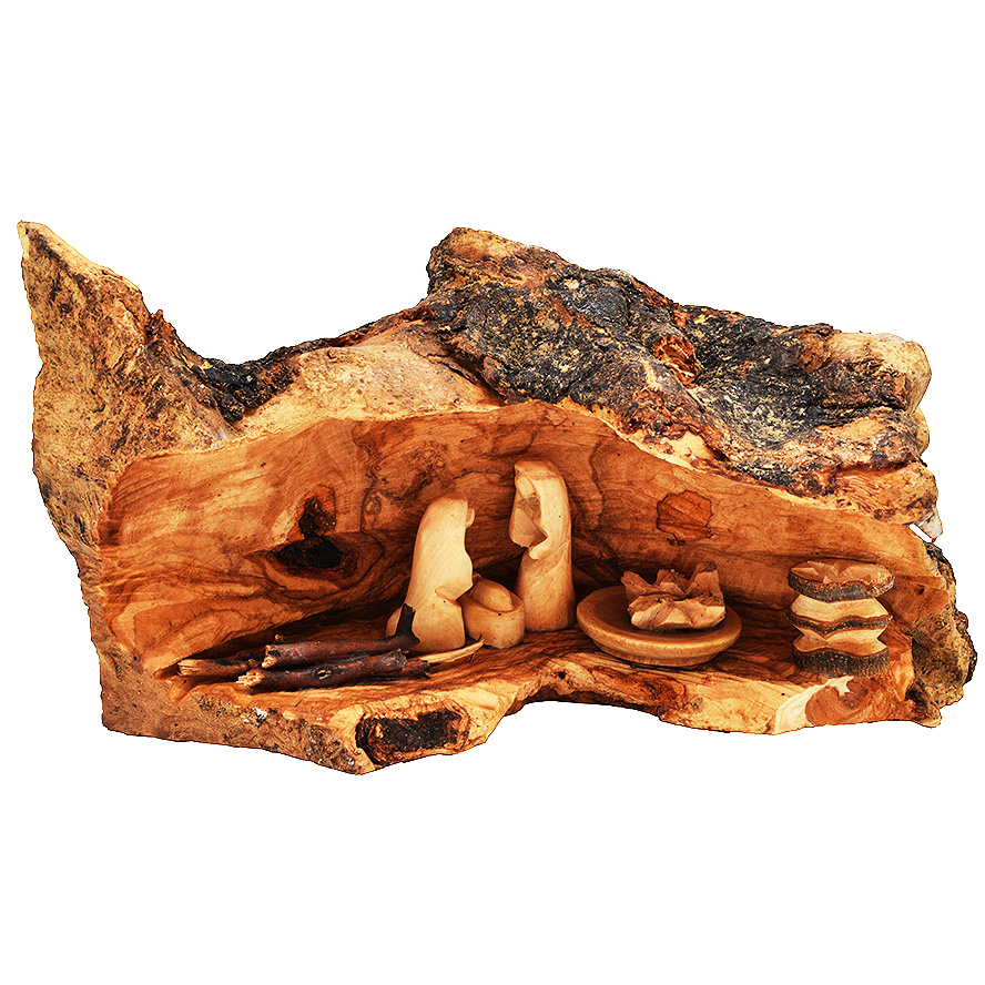 Olive Wood Nativity Cave Fixed Figurines – Bethlehem Branch – 10″