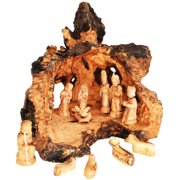 Nativity Cave Log Carved from Natural Bethlehem Olive Wood Piece