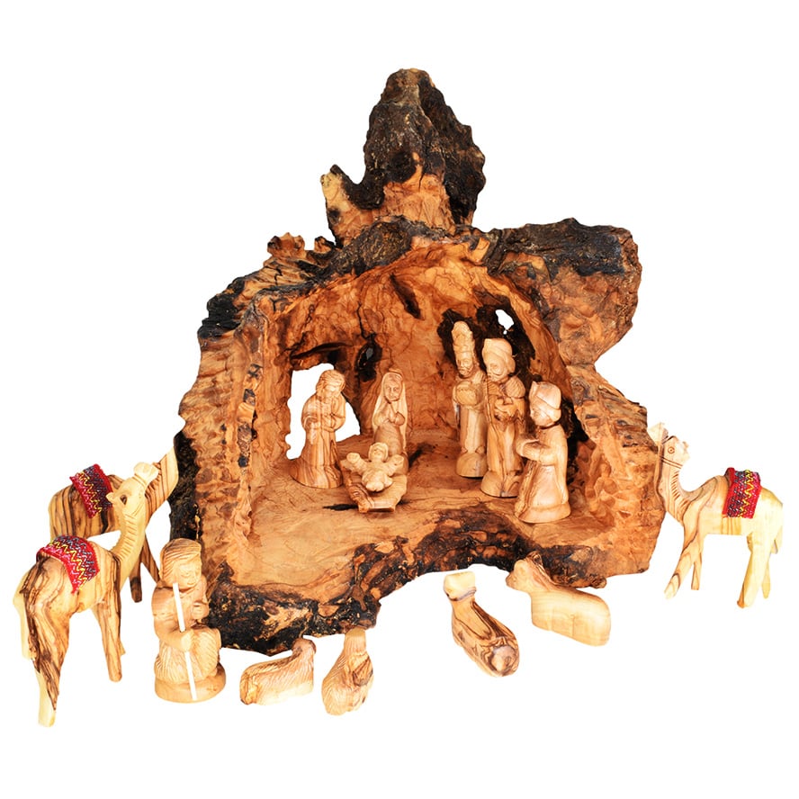 Nativity Cave Log from Olive Wood Branch with Figurines and Camels 15pc
