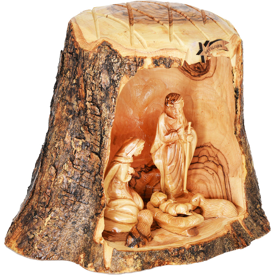 Wooden Nativity Log Hand Carved in the Holy Land – 8″ (side view)