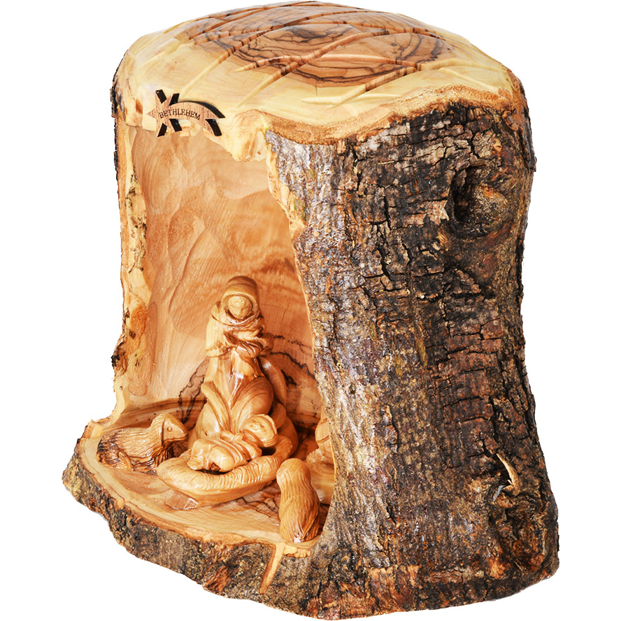 Wooden Nativity Log Hand Carved in the Holy Land – 8″ (angle view)
