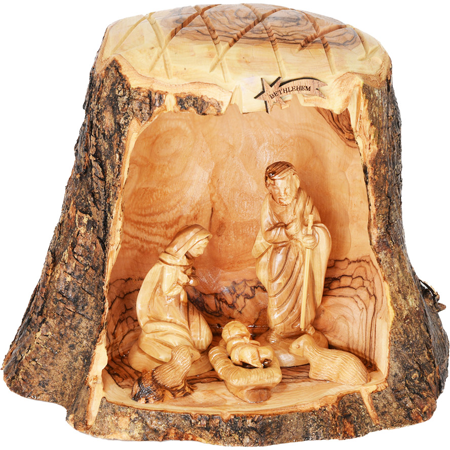 Wooden Nativity Log Hand Carved in the Holy Land – 8″
