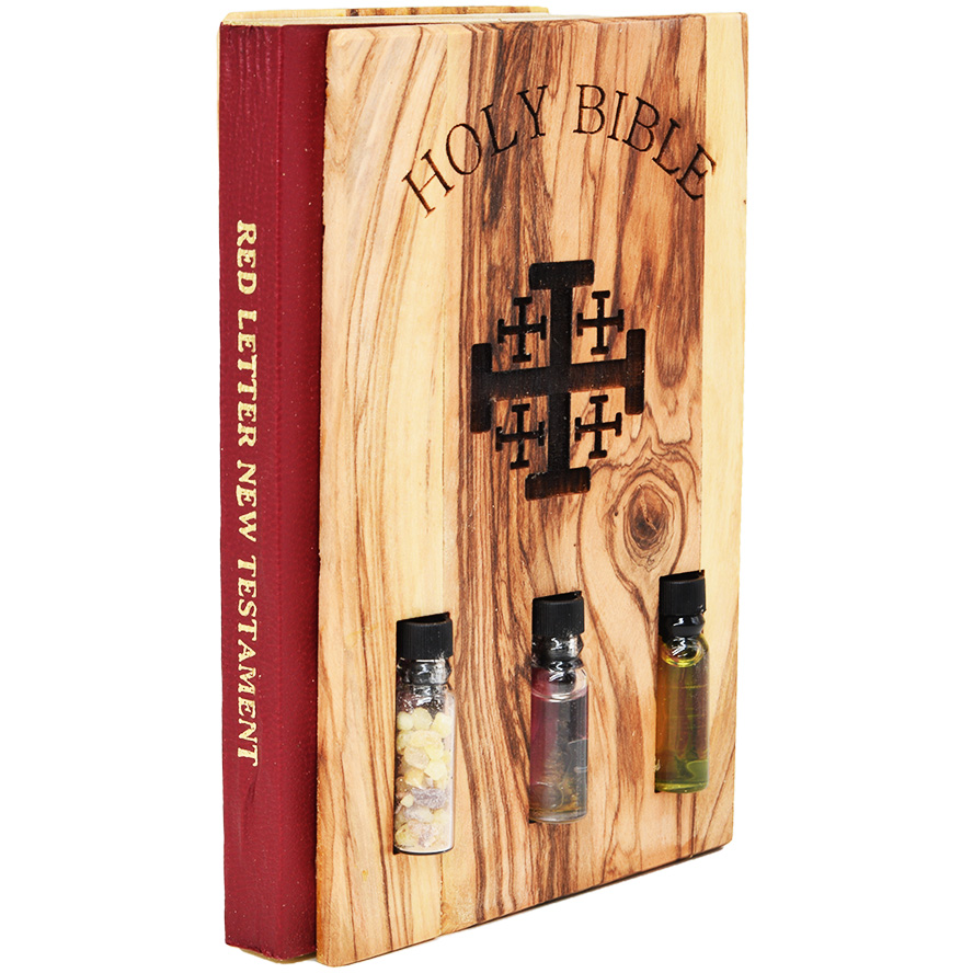 The New Testament – Red Letter Bible in Olive Wood with Jerusalem Cross and Elements