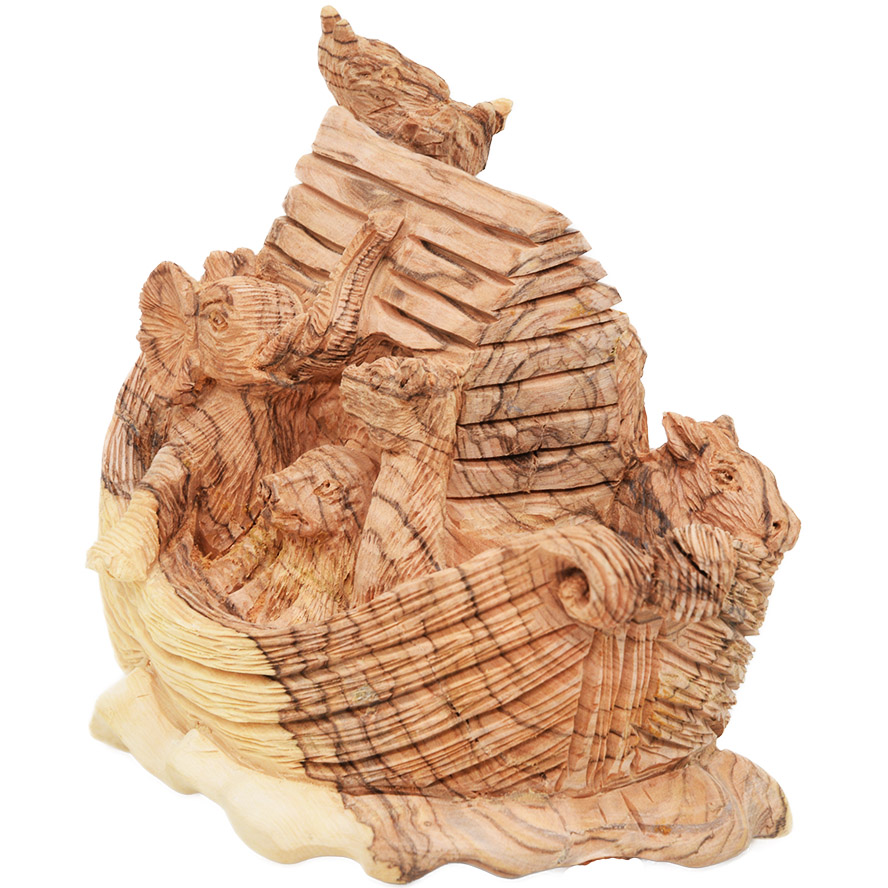 Noah’s Ark Detailed Olive Wood Carving from the Holy Land – 7″ (rear side view)