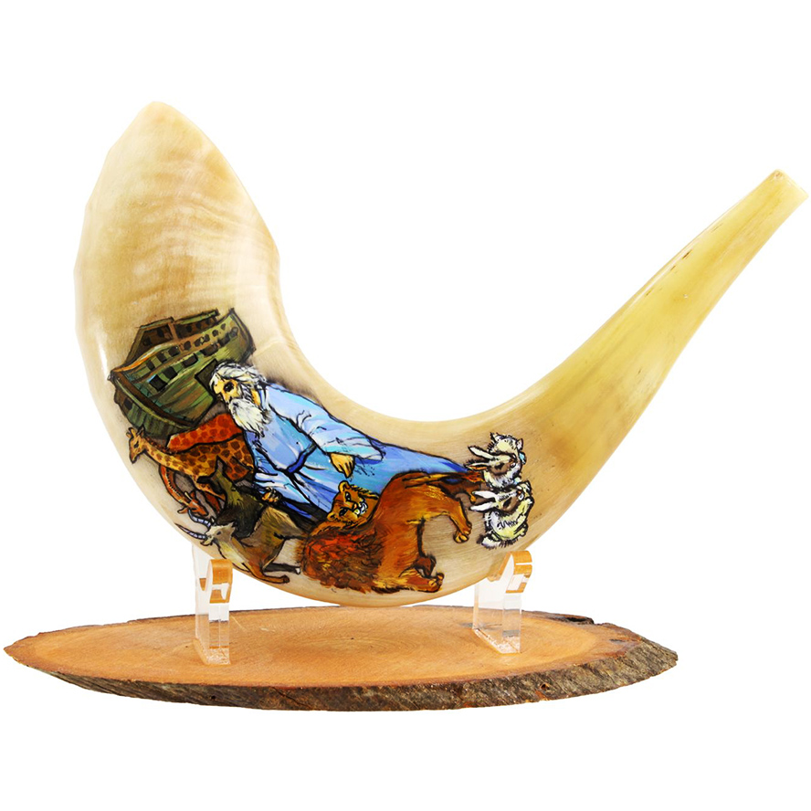 “Noah’s Ark” Decorated Ram’s Horn Shofar By Sarit Romano