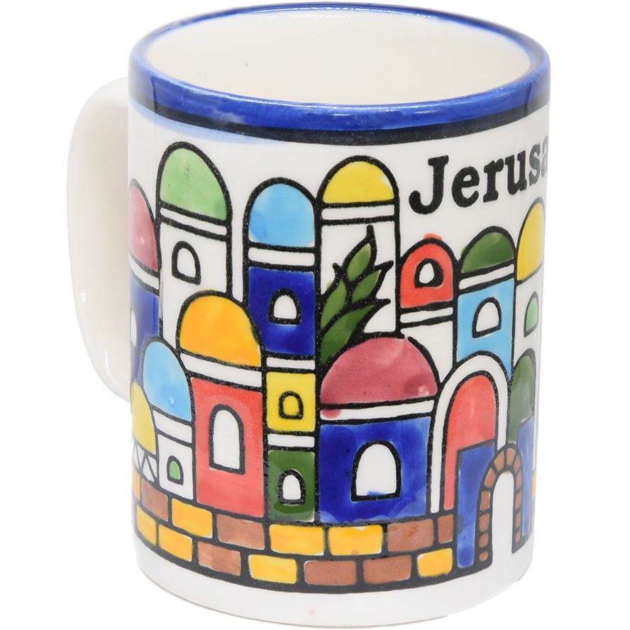 Armenian Ceramic ‘Jerusalem’ Holy Land Souvenir Coffee Mug – 4″ (left view)