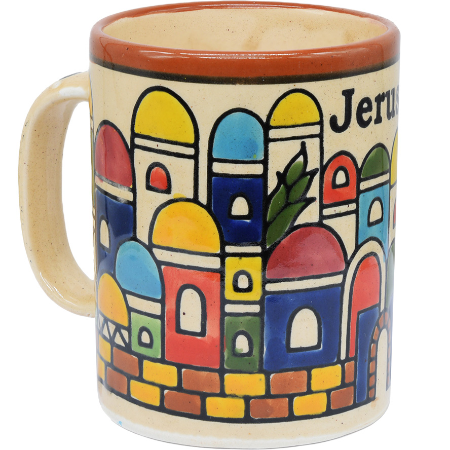 Armenian Ceramic Coffee Mug ‘Jerusalem’ Brown – 4″ (side view)