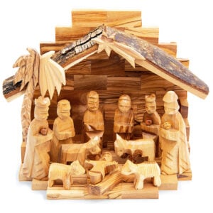 Olive Wood Christmas Nativity Set - 12 Piece - Bark Roof Made in Bethlehem - 9"