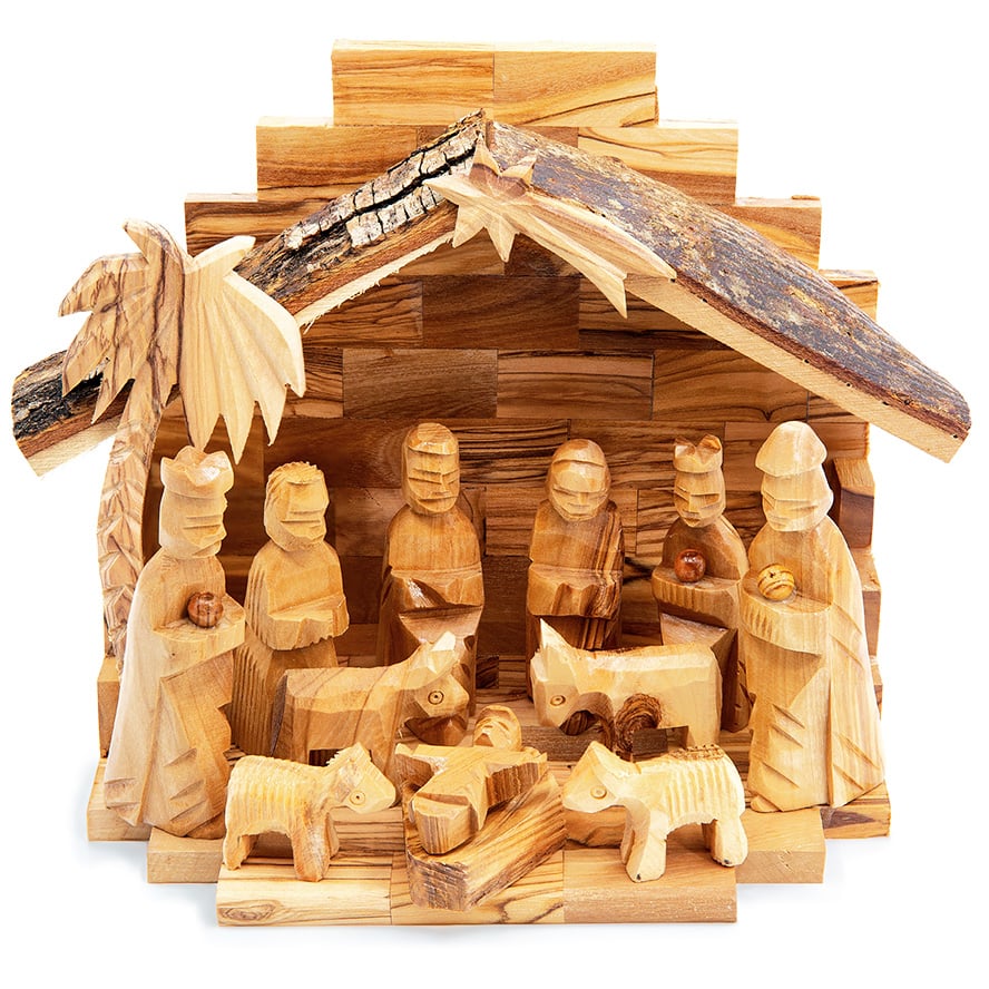Olive Wood Christmas Nativity Set – 12 Piece – Bark Roof Made in Bethlehem – 9″