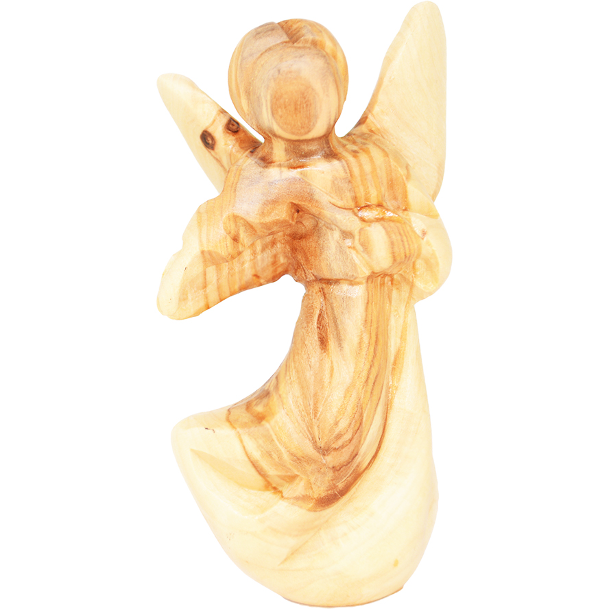 Olive Wood ‘Angel Playing a Harp’ Figurine – Made in Bethlehem – 4″