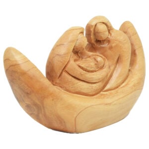 'Joseph, Mary and Jesus' in a Boat Olive Wood Carving - Faceless 5.5" (front side angle)