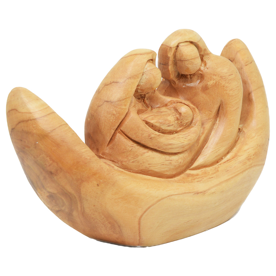 ‘Joseph, Mary and Jesus’ in a Boat Olive Wood Carving – Faceless 5.5″ (front side angle)