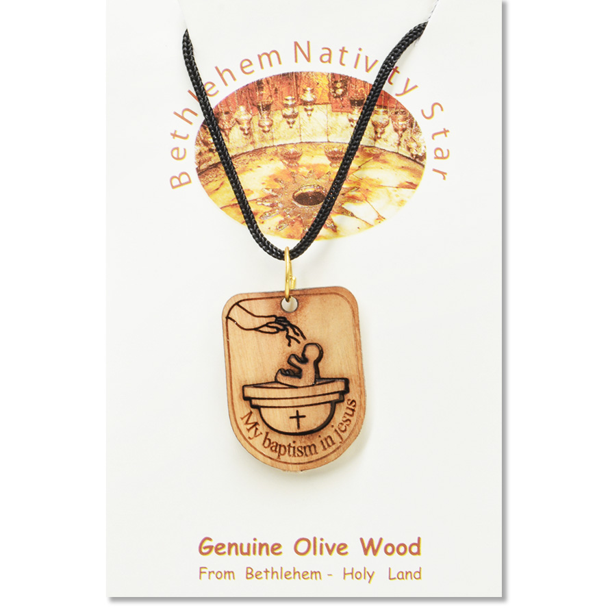 Olive Wood ‘Catholic Baby Baptism in Jesus’ Necklace made in Bethlehem (certificate)