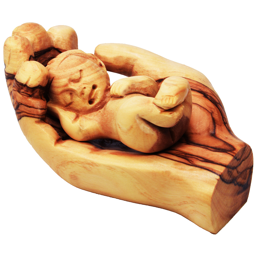 Baby Jesus in the Father's Hand - Olive Wood made in the Holy Land