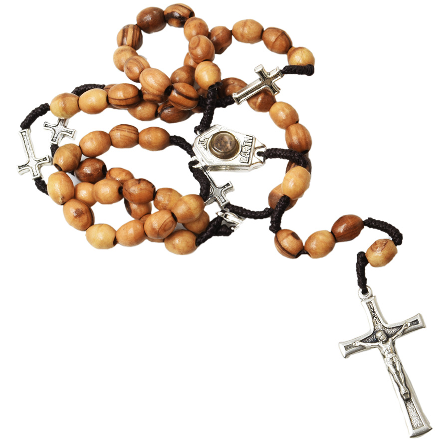 Olive Wood Rosary with Metal Crosses and Holy Earth with Crucifix