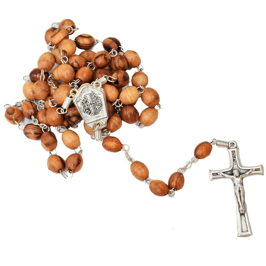 Olive Wood Rosary Beads with Jordan Water a Jerusalem Cross and Crucifix