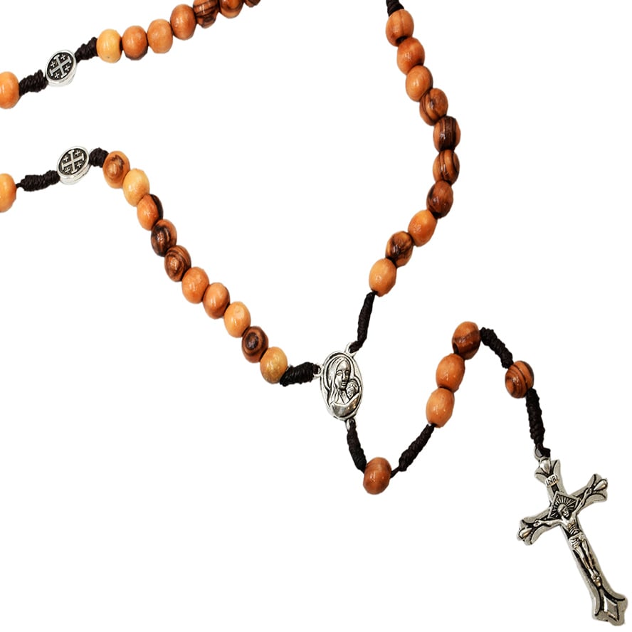 Olive Wood Rosary Jerusalem Cross, Mary and Jesus Beads and Crucifix (detail)