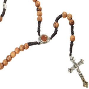 Olive Wood Rosary Beads with Metal Cross Beads and Crucifix (detail with Holy Earth)