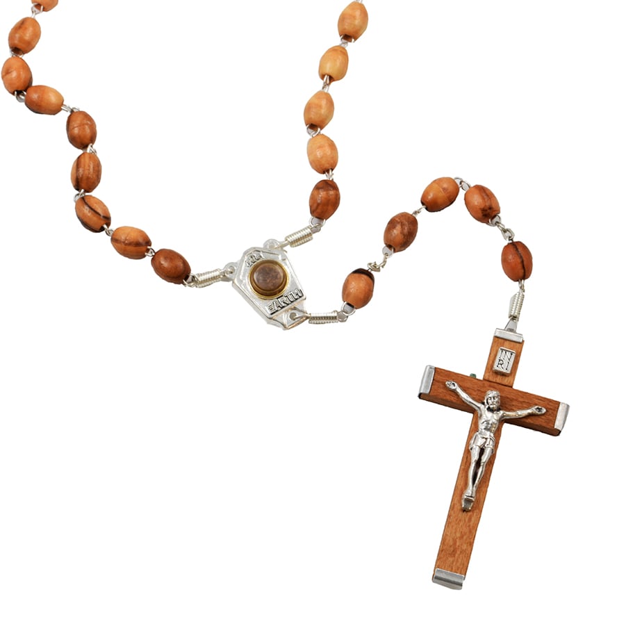 Olive Wood Rosary Beads with ‘Jerusalem Cross’ and Crucifix (detail with soil)