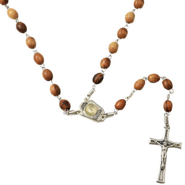 Olive Wood Rosary Beads with Jordan Water a Jerusalem Cross and Crucifix (detail)