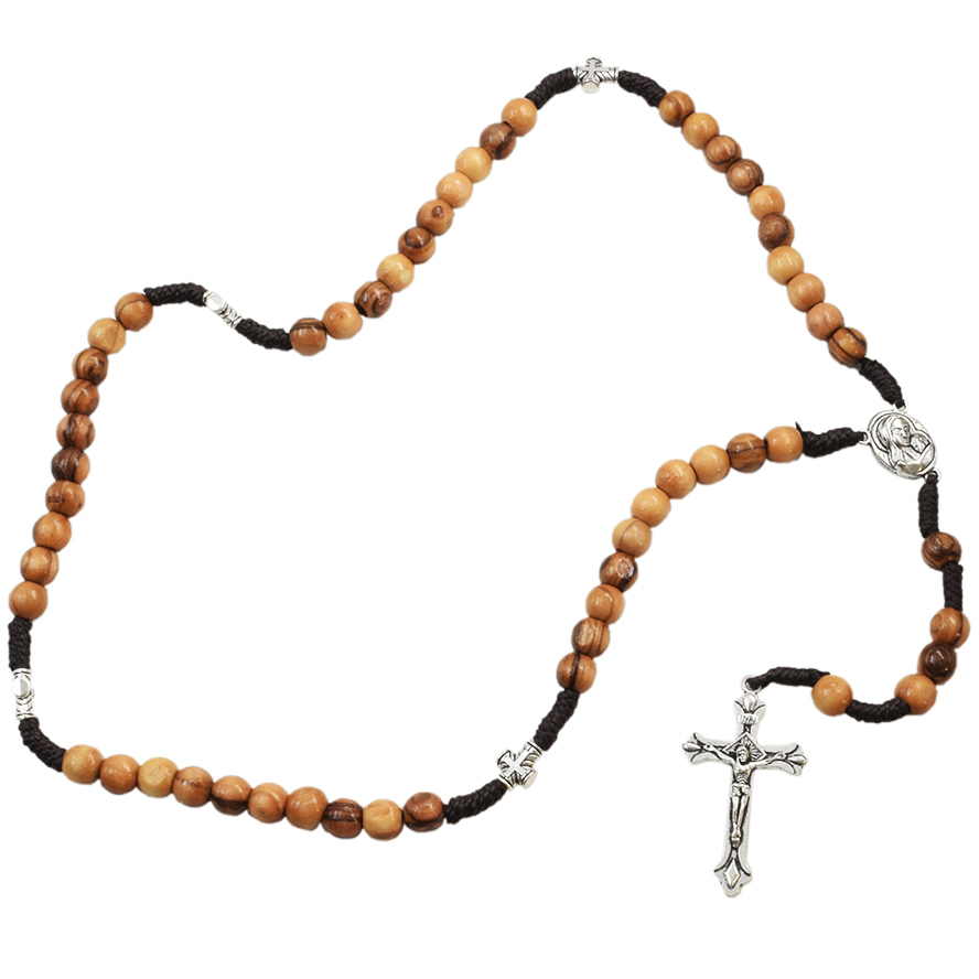 Olive Wood Rosary Beads with Cross Beads and Metal Crucifix (full)