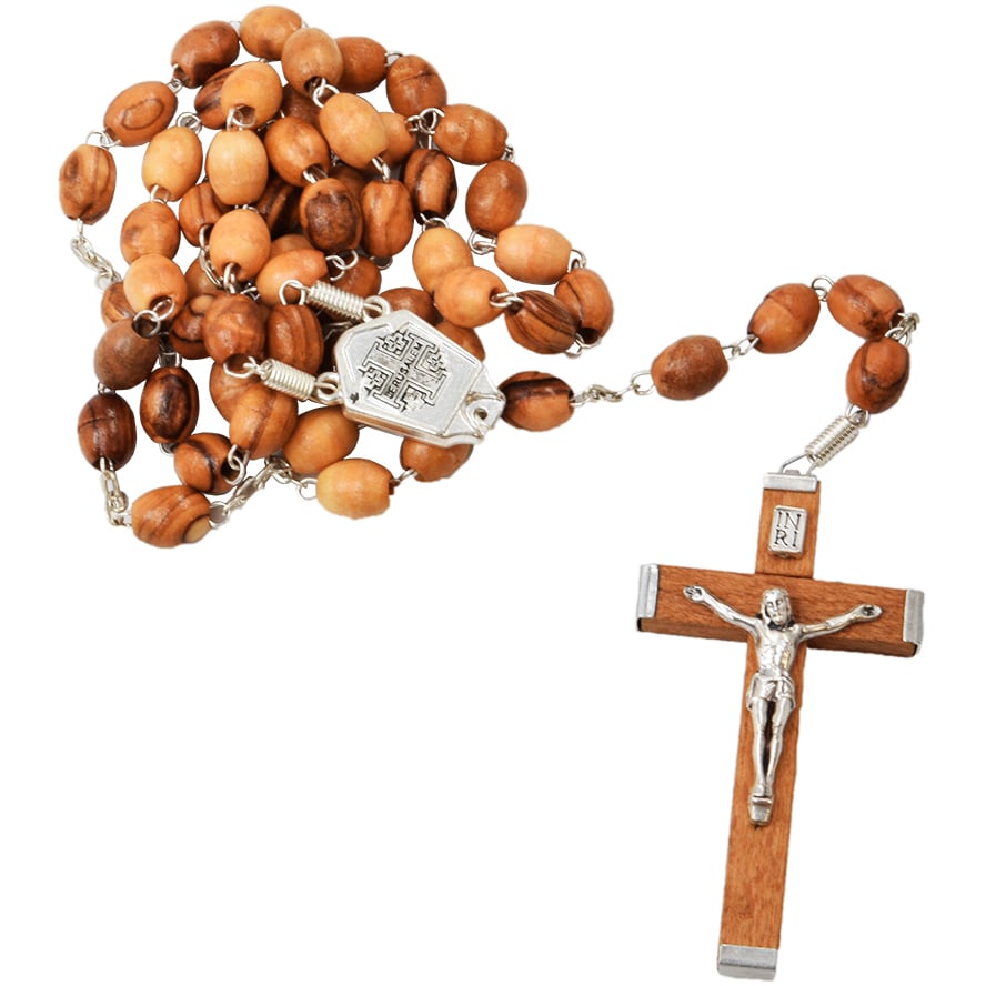 Olive Wood Rosary Beads with ‘Jerusalem Cross’ and Crucifix