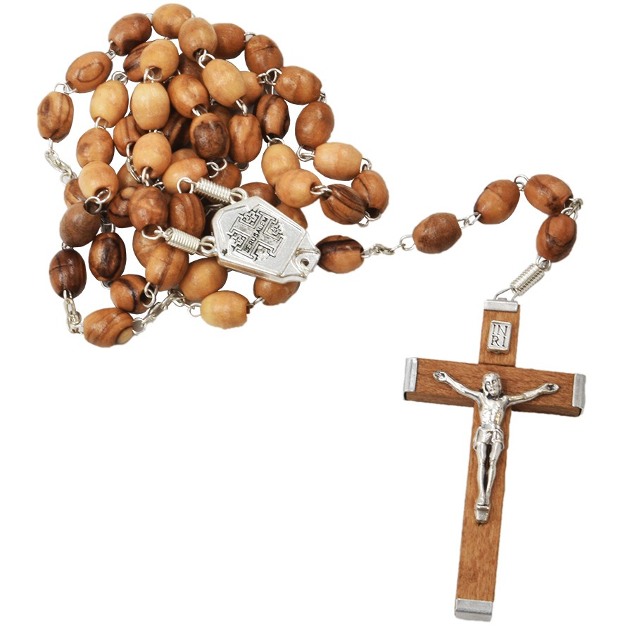 Catholic Olive Wood Rosary Beads with ‘Jerusalem Cross’ and Crucifix
