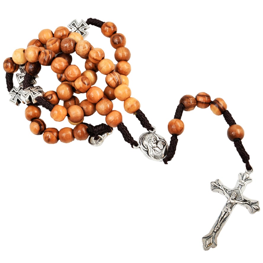 Olive Wood Rosary Beads - Metal 'Jerusalem Crosses' and Crucifix