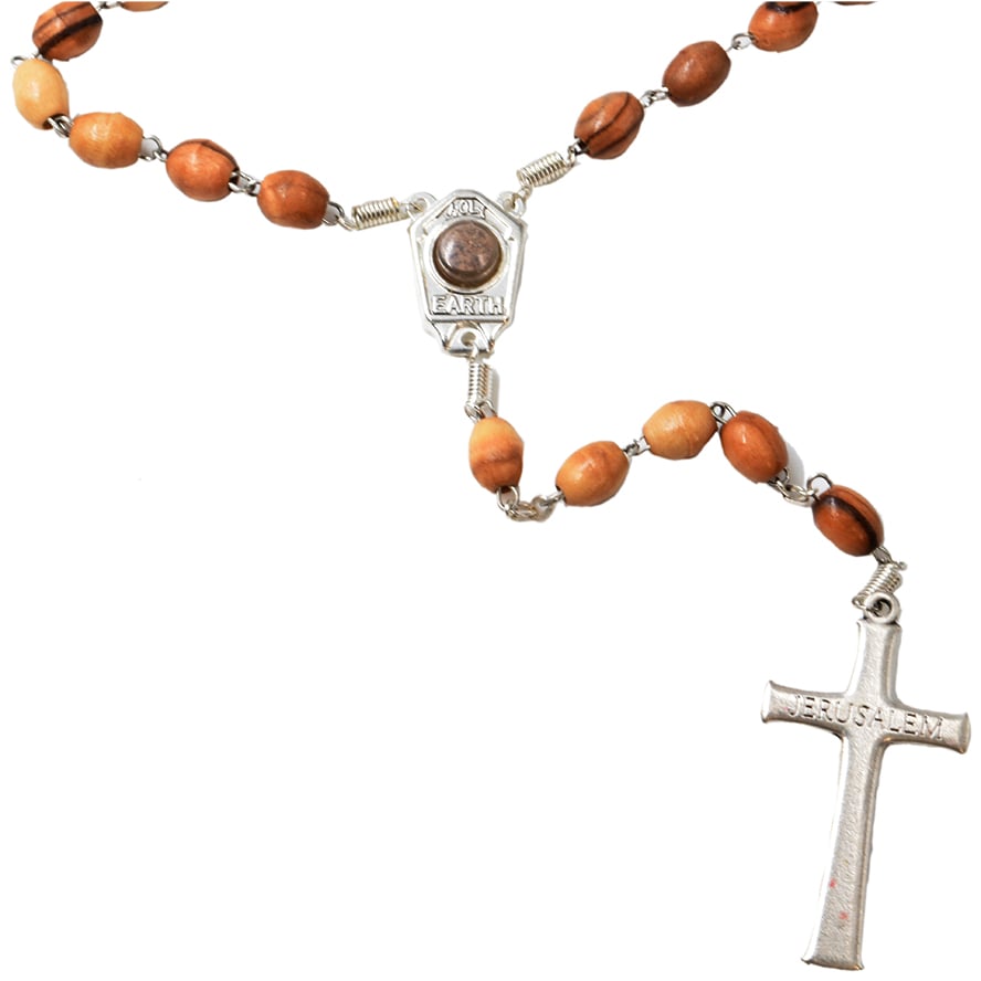 Olive Wood Rosary Beads with Holy Earth, Jerusalem Cross and Crucifix (detail)