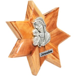 Olive Wood Standing 'Star of Bethlehem' with Virgin Mary and Jesus Plaque (side view)