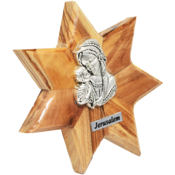 Olive Wood Standing 'Star of Bethlehem' with Virgin Mary and Jesus Plaque (side view)