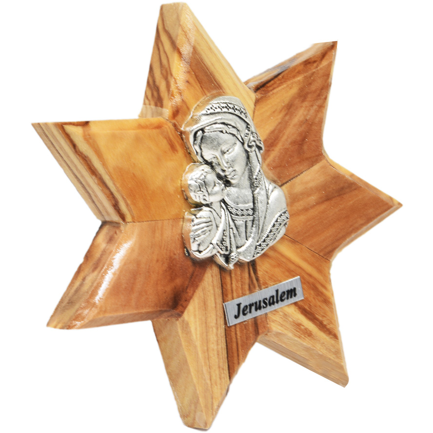 Olive Wood Standing ‘Star of Bethlehem’ with Virgin Mary and Jesus Plaque (side view)