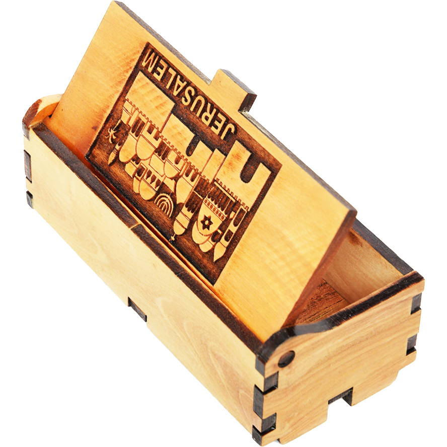 ‘Jerusalem’ Olive Wood Engraved Box – Made in Israel (open lid)