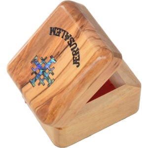 Engraved 'Jerusalem Cross' Olive Wood Box with Mother of Pearl - 2.75" (lid open)