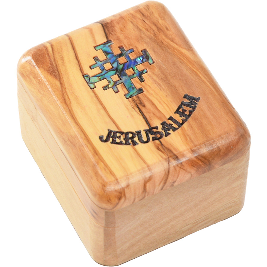 Engraved 'Jerusalem Cross' Olive Wood Box with Mother of Pearl - 2.75"
