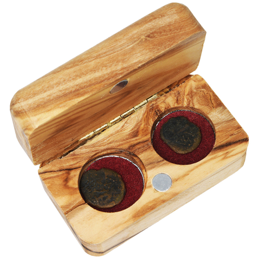 Pair of Authentic Widow’s Mite Coins in Olive Wood Box