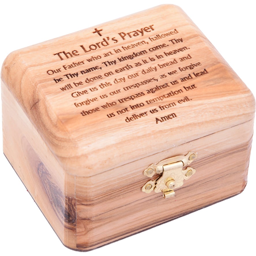 'The Lord's Prayer' Engraved Olive Wood Box - Made in Israel - 2.7"