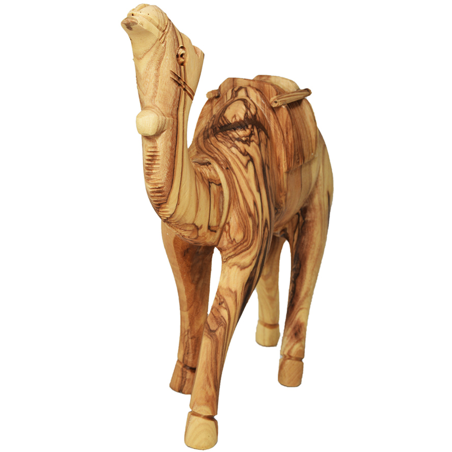 Olive Wood Camel with Carrying Saddle – Made in the Holy Land – 6″ (front view)