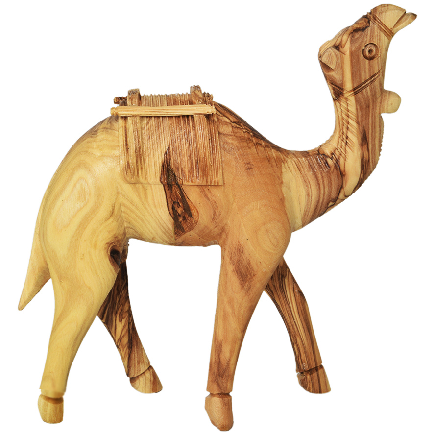 Olive Wood Camel with Carrying Saddle – Made in the Holy Land – 6″ (side view)