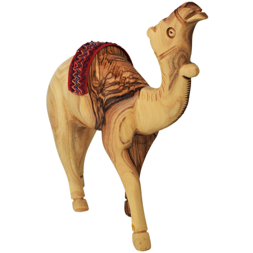 Olive Wood Camel with Bedouin Saddle – Made in the Holy Land – 6″ (front side)