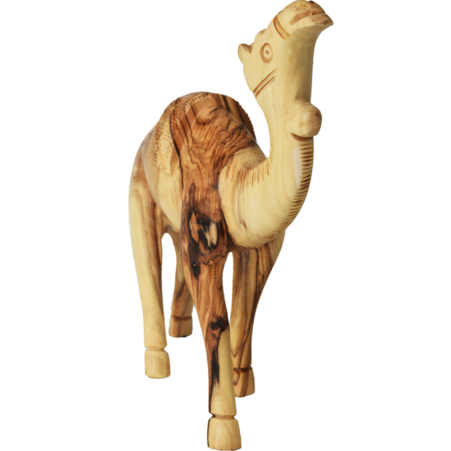 Olive Wood Camel with Saddle – Made in the Holy Land – 6″ (front view)