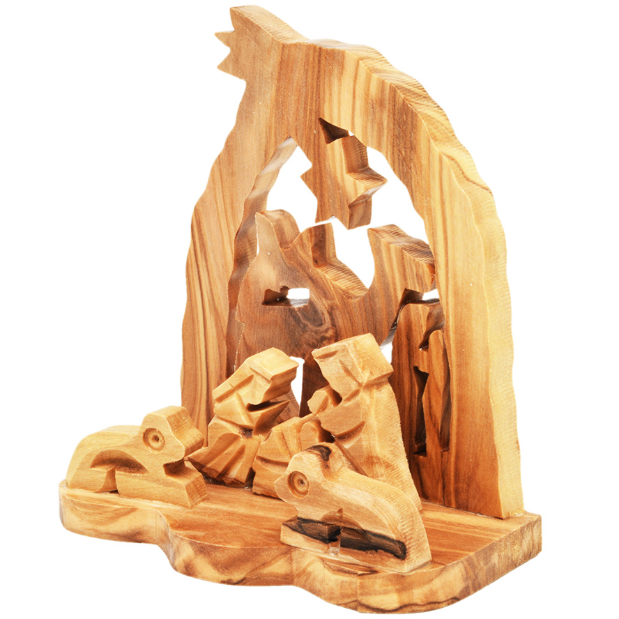 Olive Wood Creche with Camel – Made in Bethlehem (side view)