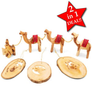 Christmas Camel Train with 3 Olive Wood Decorations from Israel