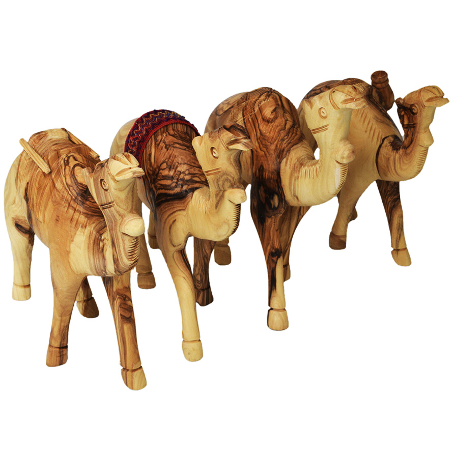 Olive Wood Camels Set – 4 with Various Saddles – Holy Land – 6″ (side view)