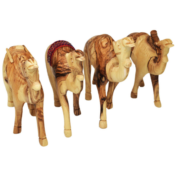 Olive Wood Camels Set - 4 with Various Saddles - Holy Land - 6" (front view)
