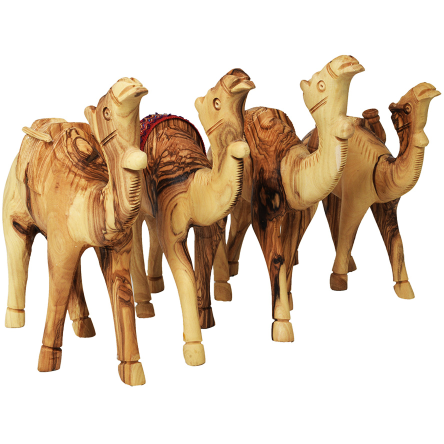 Olive Wood Camels Set – 4 with Various Saddles – Holy Land – 6″