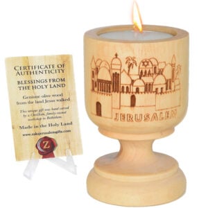 'Christian Jewish Jerusalem' Olive Wood Candle Holder - Made in Israel - 3"